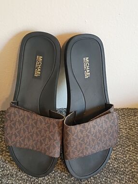 Michael Kors Brown Logo Monogram Slide Sandals